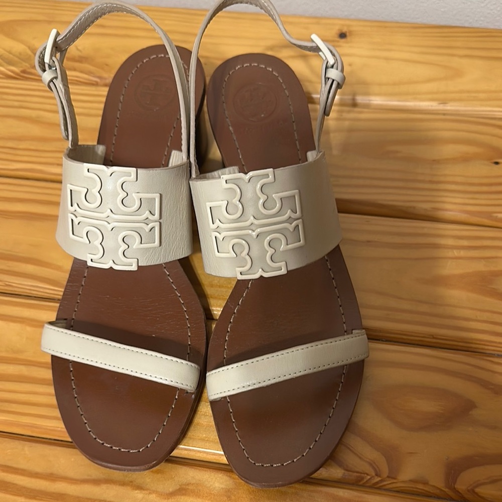 Tory Burch Cream and Brown Sandals with Geometric Design